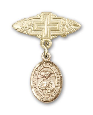 Pin Badge with St. Catherine Laboure Charm and Badge Pin with Cross - 14K Solid Gold