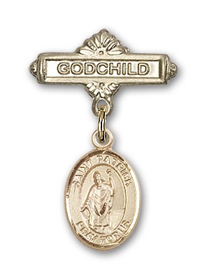 Pin Badge with St. Patrick Charm and Godchild Badge Pin - Gold Tone