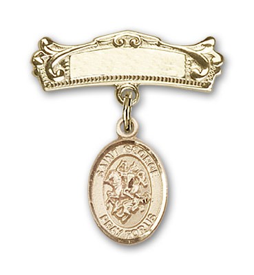 Pin Badge with St. George Charm and Arched Polished Engravable Badge Pin - 14K Solid Gold