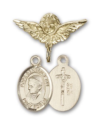 Pin Badge with Pope Benedict XVI Charm and Angel with Smaller Wings Badge Pin - 14K Solid Gold