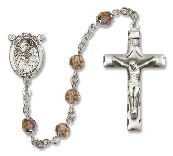 St. Margaret Mary Alacoque Sterling Silver Heirloom Rosary Squared Crucifix - Topaz