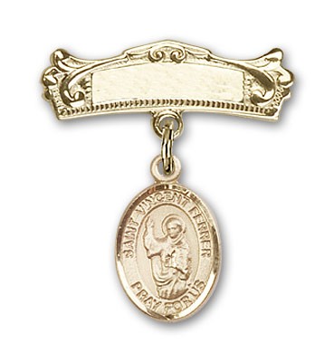 Pin Badge with St. Vincent Ferrer Charm and Arched Polished Engravable Badge Pin - Gold Tone