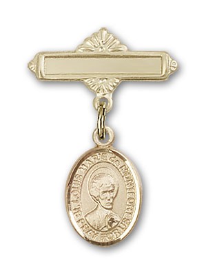 Pin Badge with St. Louis Marie de Montfort Charm and Polished Engravable Badge Pin - Gold Tone