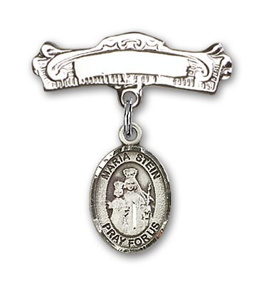 Pin Badge with Maria Stein Charm and Arched Polished Engravable Badge Pin - Silver tone
