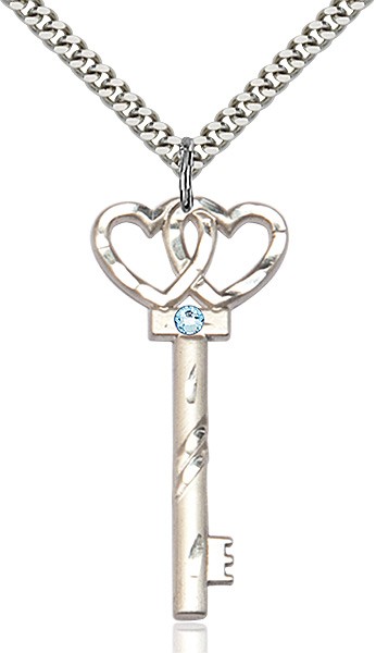 Larger Double Hearts Key Pendant with Birthstone - Aqua