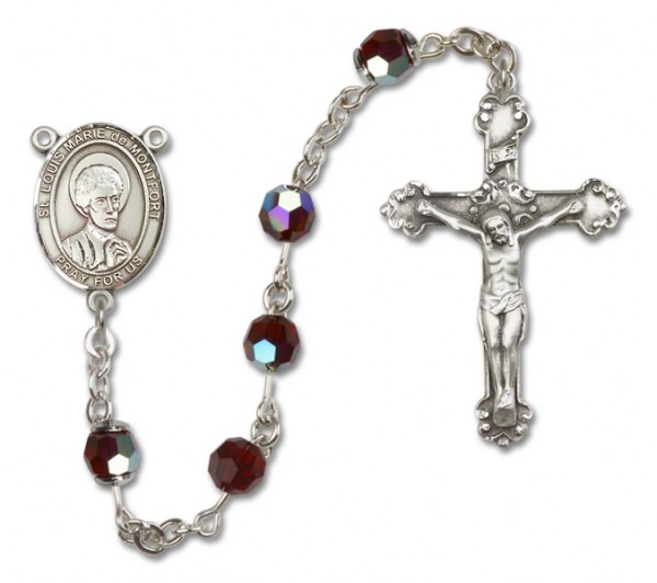 St. Louis Marie de Montfort Sterling Silver Heirloom Rosary Fancy Crucifix - Garnet