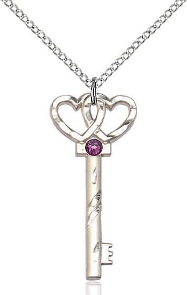 Small Key with Double Heart Pendant and Birthstone - Amethyst