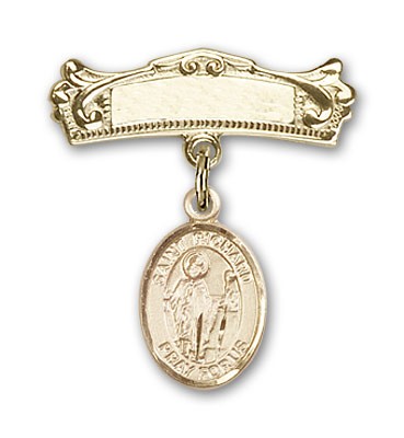 Pin Badge with St. Richard Charm and Arched Polished Engravable Badge Pin - Gold Tone