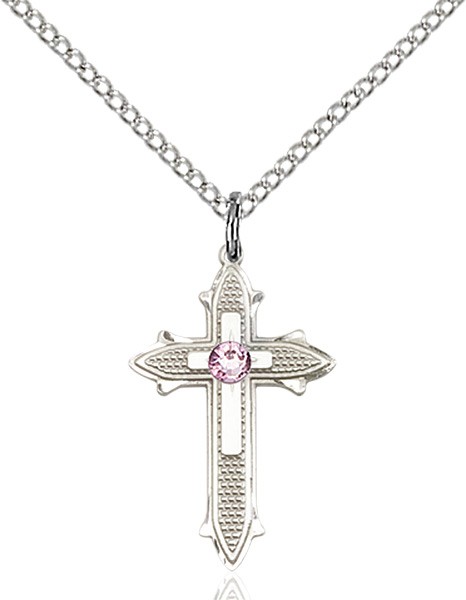 Polished and Textured Cross Pendant with Birthstone Options - Light Amethyst