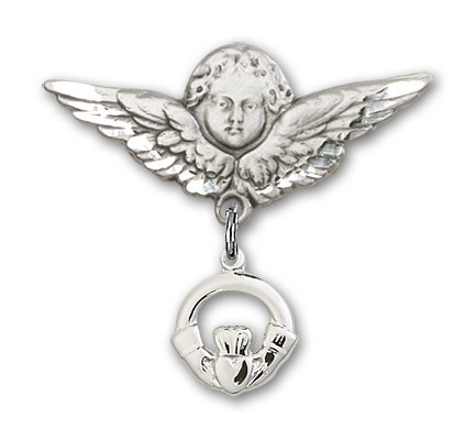 Pin Badge with Claddagh Charm and Angel with Larger Wings Badge Pin - Silver tone