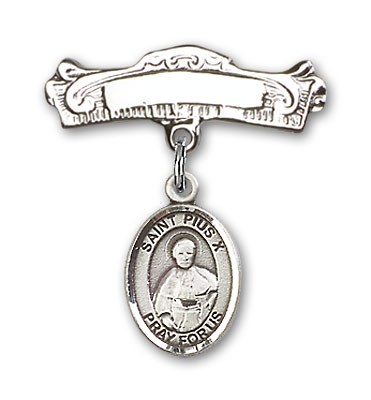 Pin Badge with St. Pius X Charm and Arched Polished Engravable Badge Pin - Silver tone