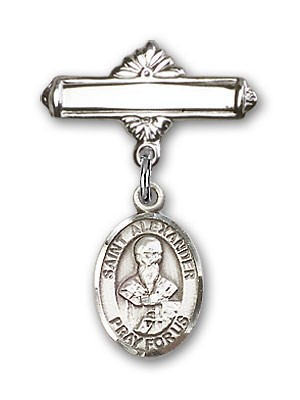 Pin Badge with St. Alexander Sauli Charm and Polished Engravable Badge Pin - Silver tone