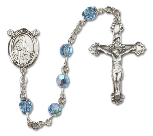 St. Veronica Sterling Silver Heirloom Rosary Fancy Crucifix - Aqua