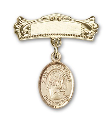 Pin Badge with St. Apollonia Charm and Arched Polished Engravable Badge Pin - Gold Tone