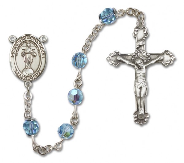 Our Lady of Nations Sterling Silver Heirloom Rosary Fancy Crucifix - Aqua