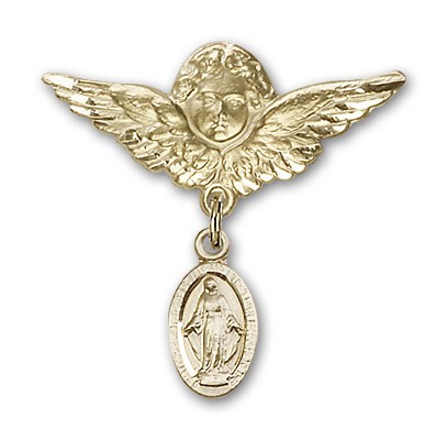 Pin Badge with Blue Miraculous Charm and Angel with Larger Wings Badge Pin - Gold Tone