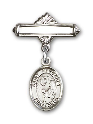 Pin Badge with St. Margaret Mary Alacoque Charm and Polished Engravable Badge Pin - Silver tone