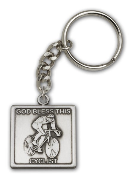 God Bless This Cyclist Keychain - Antique Silver