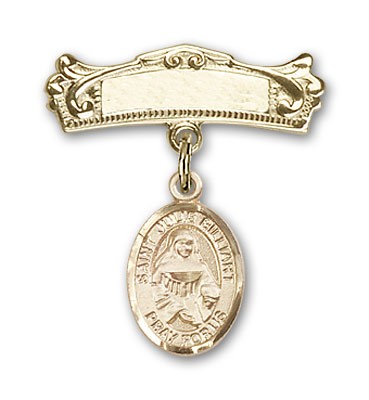 Pin Badge with St. Julie Billiart Charm and Arched Polished Engravable Badge Pin - 14K Solid Gold