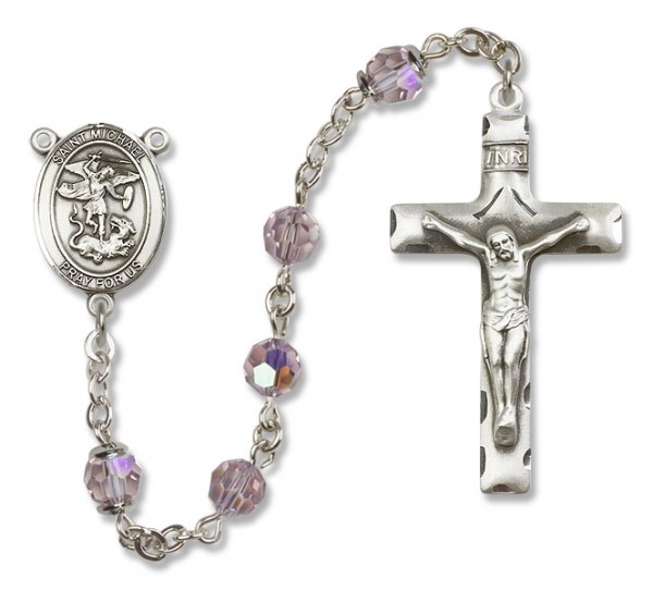 St. Michael the Archangel Sterling Silver Heirloom Rosary Squared Crucifix - Light Amethyst