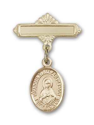 Pin Badge with Immaculate Heart of Mary Charm and Polished Engravable Badge Pin - 14K Solid Gold