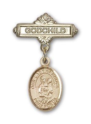 Baby Badge with Our Lady of Knock Charm and Godchild Badge Pin - 14K Solid Gold