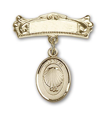 Baby Pin with Baptism Charm and Arched Polished Engravable Badge Pin - 14K Solid Gold