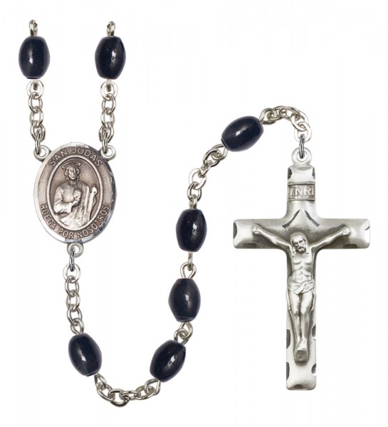 Men's San Judas Silver Plated Rosary - Black Oval
