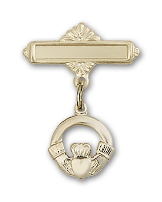 Pin Badge with Claddagh Charm and Polished Engravable Badge Pin - 14K Solid Gold