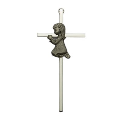 Praying Girl Silver Plated Baby Cross - 6&quot;H   - Silver