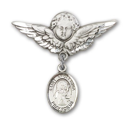 Pin Badge with St. Apollonia Charm and Angel with Larger Wings Badge Pin - Silver tone