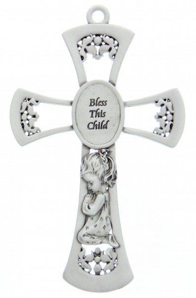 Praying Girl Pewter Cross - 6 inch - Silver