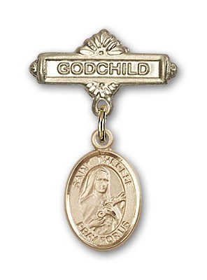 Pin Badge with St. Therese of Lisieux Charm and Godchild Badge Pin - 14K Solid Gold