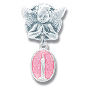Baby Pin Guardian Angel and Pink Miraculous Medal - Sterling Silver