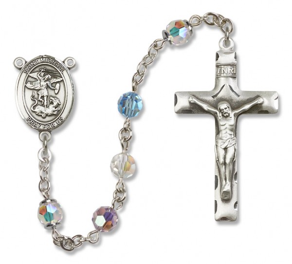 St. Michael the Archangel Sterling Silver Heirloom Rosary Squared Crucifix - Multi-Color