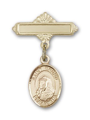 Pin Badge with St. Bruno Charm and Polished Engravable Badge Pin - Gold Tone