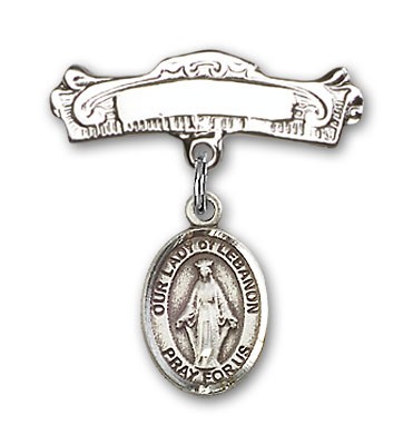 Pin Badge with Our Lady of Lebanon Charm and Arched Polished Engravable Badge Pin - Silver tone