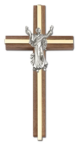 Risen Christ Wall Cross in Walnut and Metal Inlay 6&quot; - Two-Tone Gold