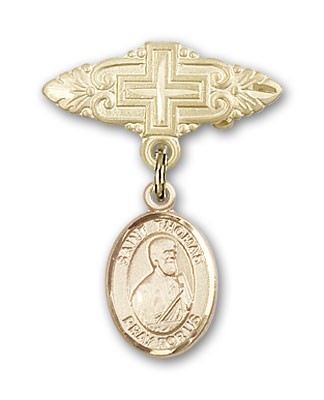 Pin Badge with St. Thomas the Apostle Charm and Badge Pin with Cross - Gold Tone