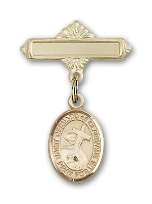 Pin Badge with St. Bernard of Clairvaux Charm and Polished Engravable Badge Pin - Gold Tone