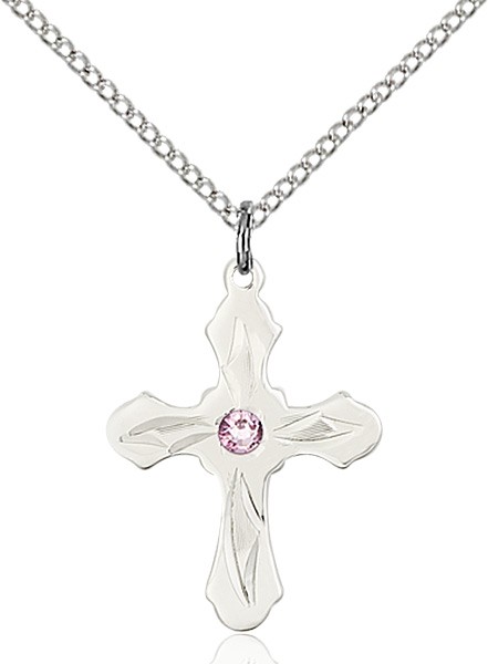 Youth Cross Pendant with Pointed Etching Birthstone Options - Light Amethyst
