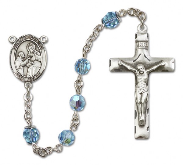 St. John of God Sterling Silver Heirloom Rosary Squared Crucifix - Aqua