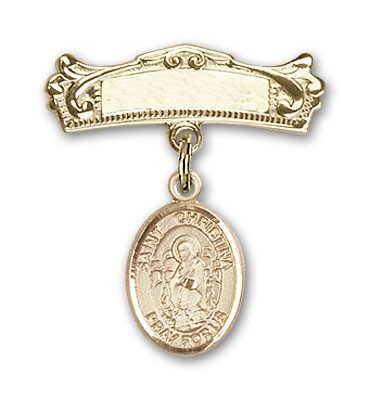 Pin Badge with St. Christina the Astonishing Charm and Arched Polished Engravable Badge Pin - Gold Tone