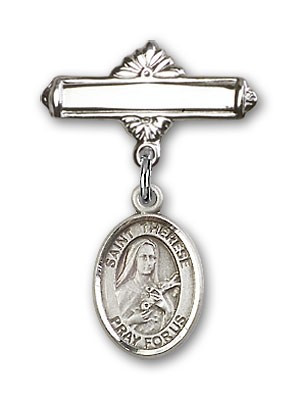 Pin Badge with St. Therese of Lisieux Charm and Polished Engravable Badge Pin - Silver tone
