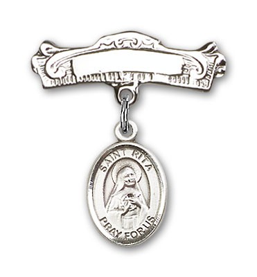 Pin Badge with St. Rita of Cascia Charm and Arched Polished Engravable Badge Pin - Silver tone