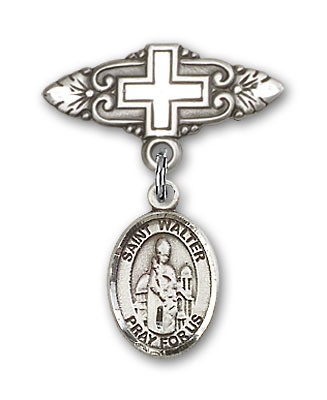 Pin Badge with St. Walter of Pontnoise Charm and Badge Pin with Cross - Silver tone