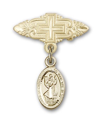 Pin Badge with St. Christopher Charm and Badge Pin with Cross - 14K Solid Gold