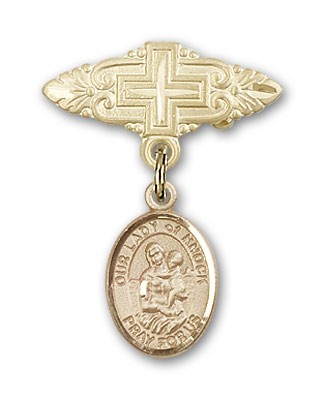 Pin Badge with Our Lady of Knock Charm and Badge Pin with Cross - 14K Solid Gold