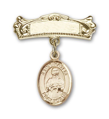 Pin Badge with St. Kateri Charm and Arched Polished Engravable Badge Pin - 14K Solid Gold