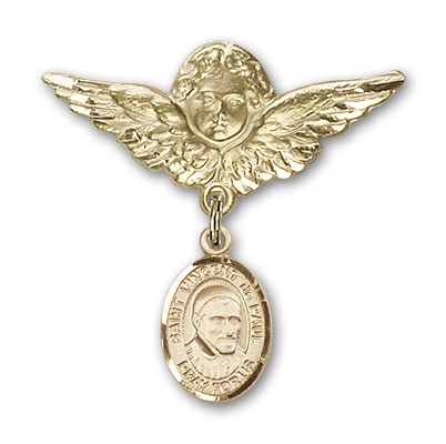 Pin Badge with St. Vincent de Paul Charm and Angel with Larger Wings Badge Pin - Gold Tone